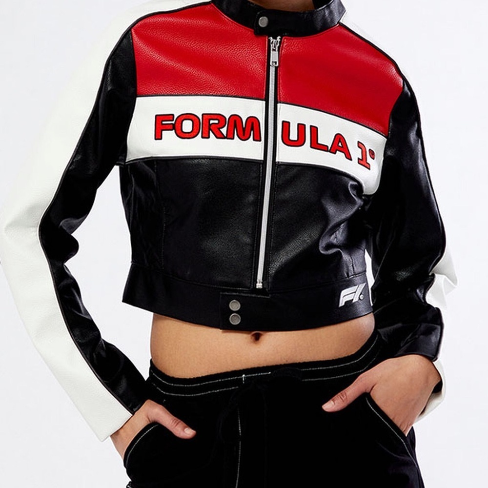 New Formula 1 PacSun red black faux leather moto crop jacket XS